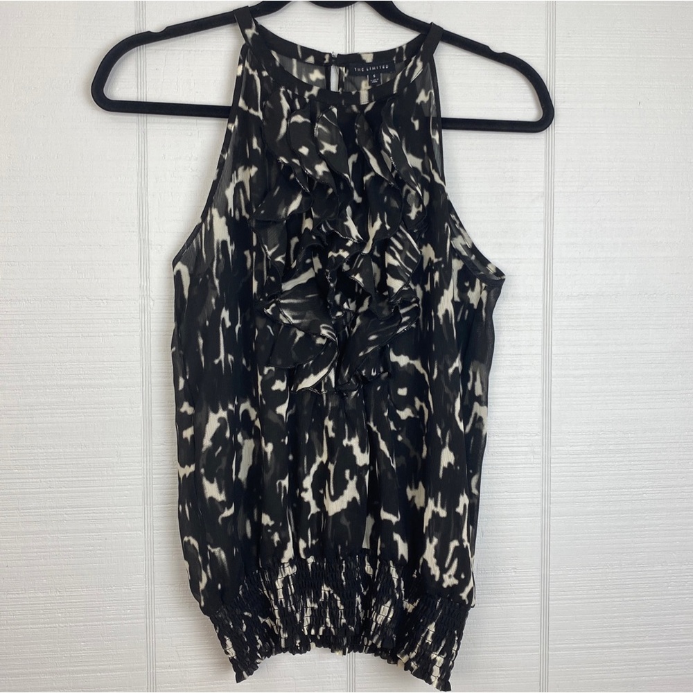 The Limited Black & White Ruffle Halter Tank Top Cinched Waist Size S